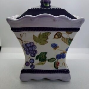 Vintage Capriware Ceramic Grape Berry Canister Jar Purple White Scalloped Lid